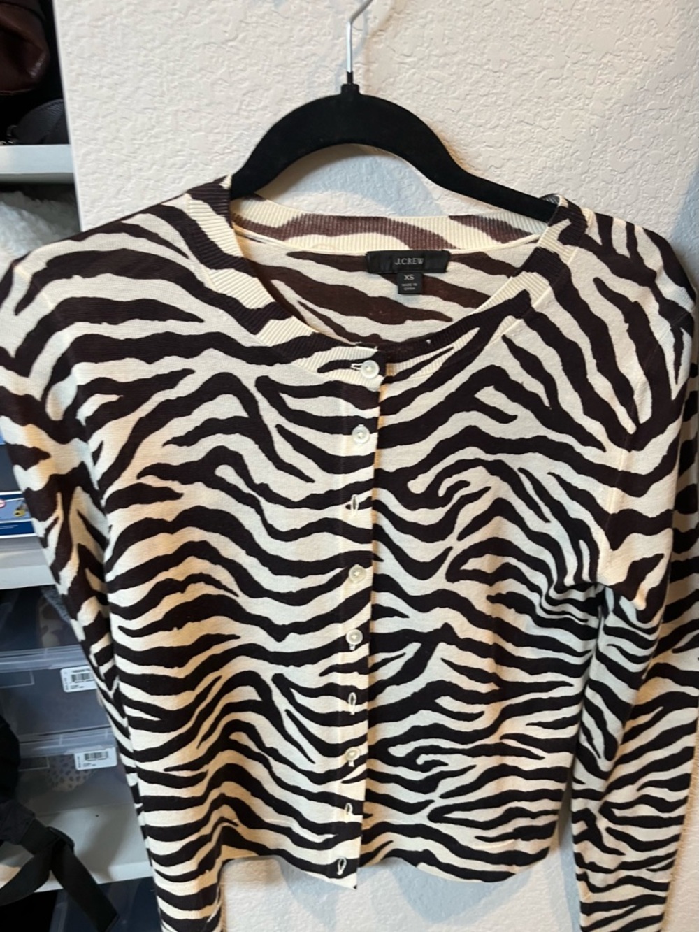 J. Crew Brown and Cream Zebra-Print Button Front Cardigan.